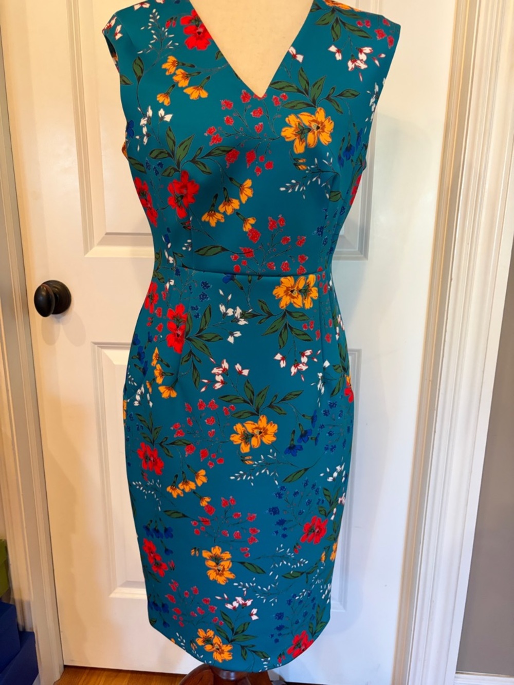 Calvin Klein Teal Floral Sheath Dress - Sleeveless V-Neck.  Scuba material.